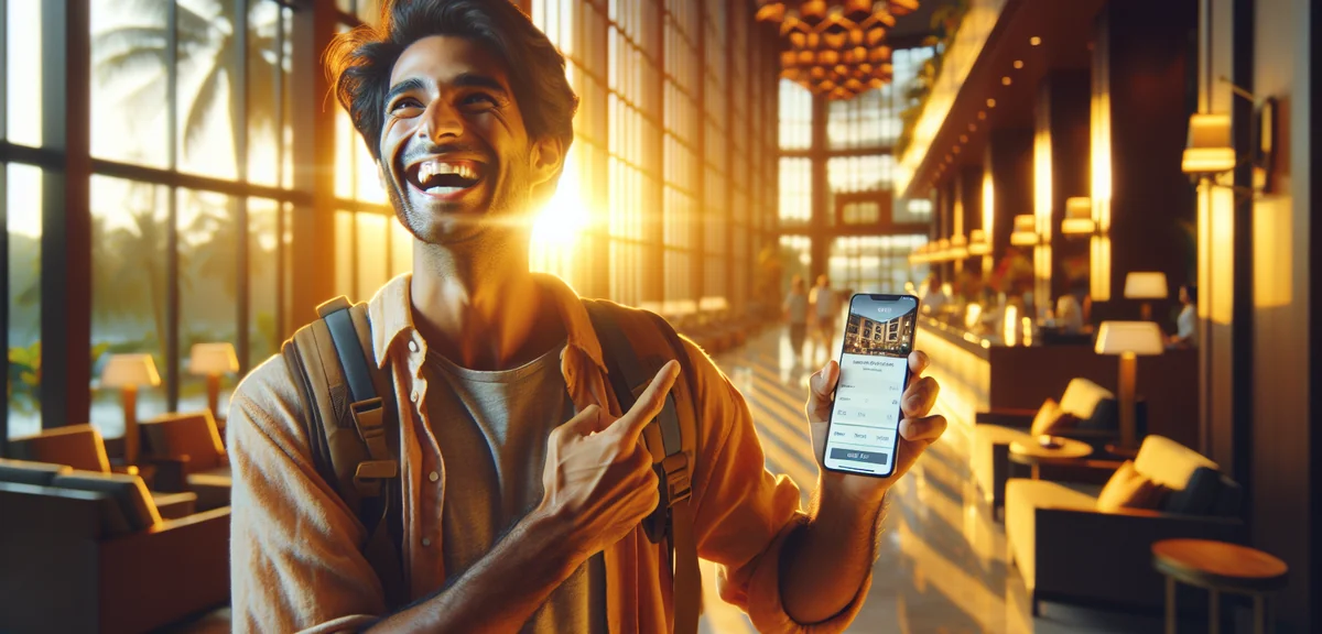 A happy traveler with a smartphone showing hotel booking app, luxury hotel lobby in background, warm