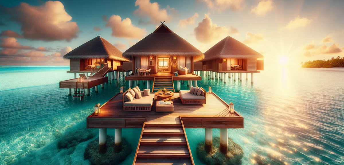 Luxury Maldives overwater bungalow with private deck and steps leading to crystal clear turquoise la
