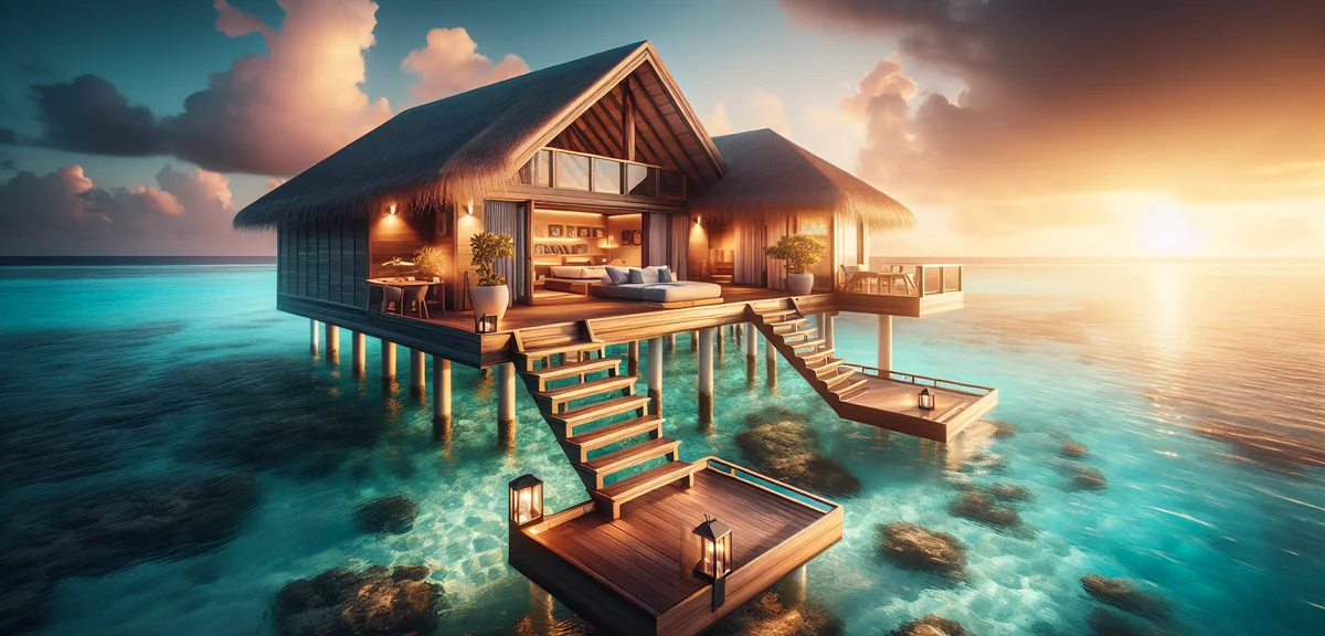 Luxury Maldives overwater bungalow with private deck and steps leading to crystal clear turquoise la