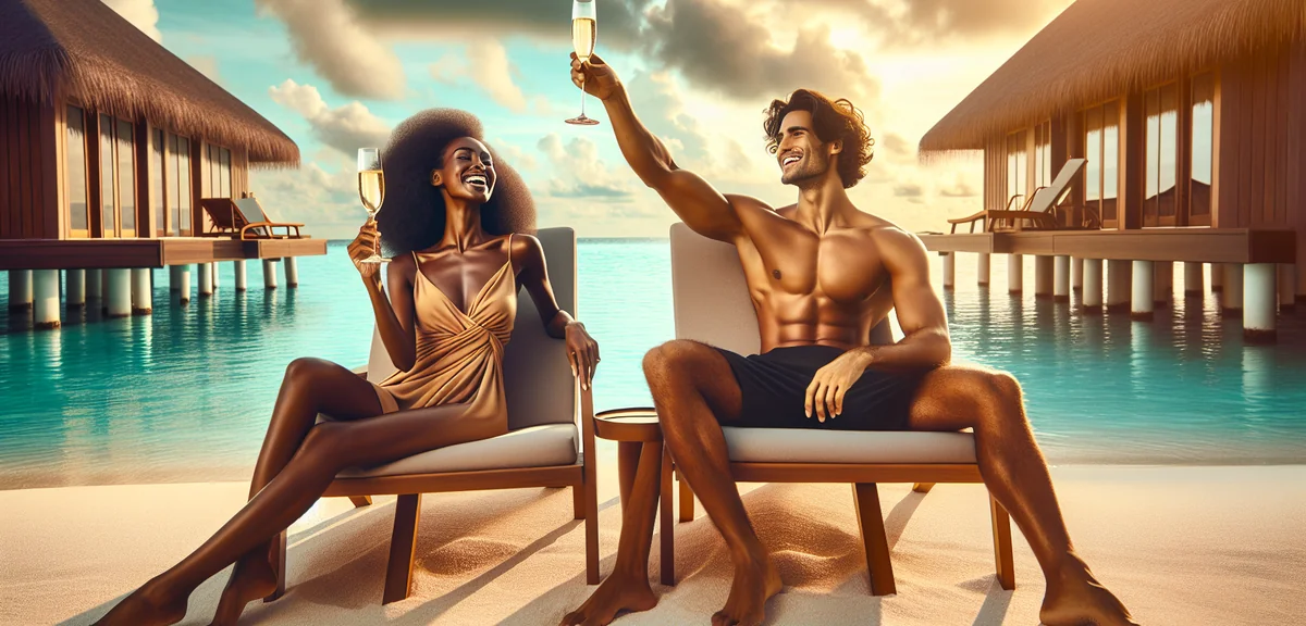 Happy couple sitting on beach chairs at luxury Maldives resort with champagne, celebrating vacation,