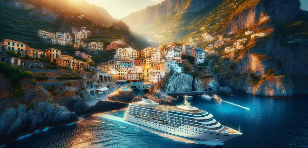 Luxury Mediterranean cruise ship sailing past Italian coastal town with colorful buildings on hillsi