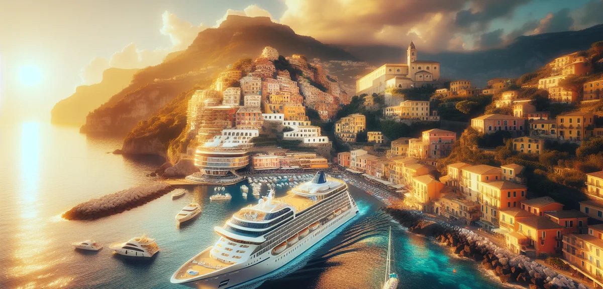 Luxury Mediterranean cruise ship sailing past Italian coastal town with colorful buildings on hillsi