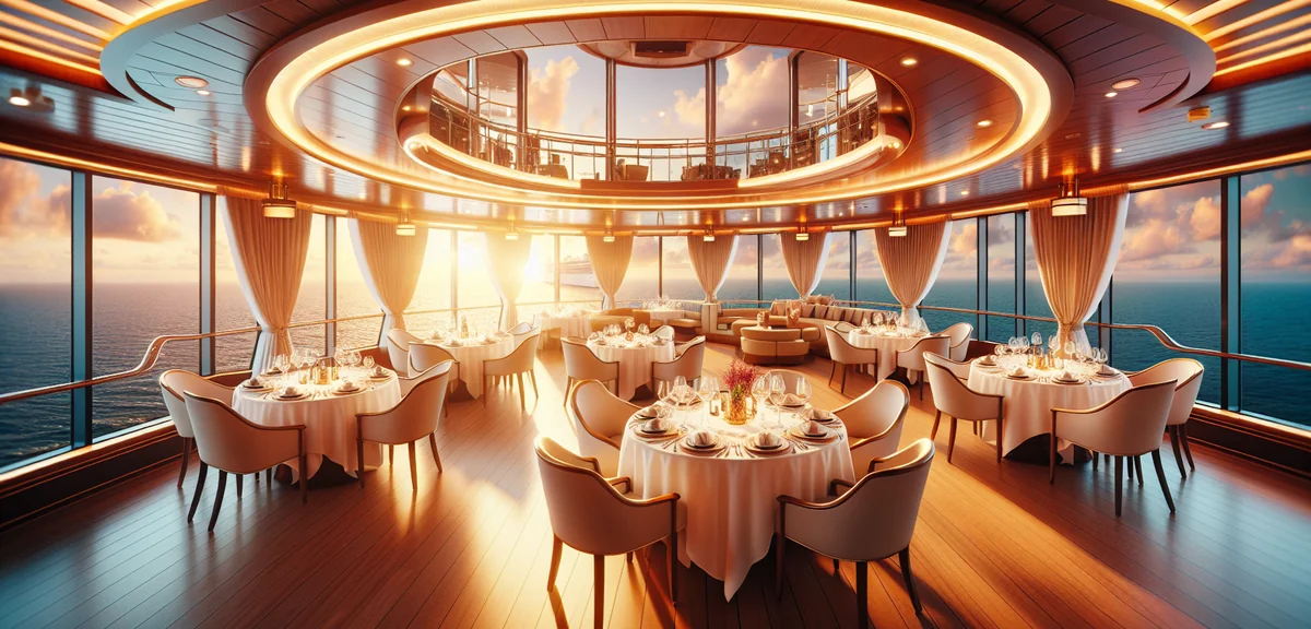 Elegant cruise ship dining room with ocean view through large windows, fine dining setup with white