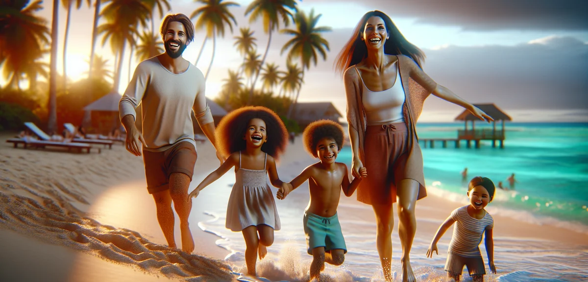 Happy family enjoying Hawaii beach vacation with turquoise ocean and palm trees, children playing in