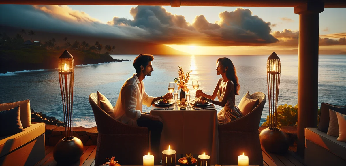 Couple enjoying romantic dinner at outdoor Hawaii restaurant with ocean view sunset, tiki torches, p