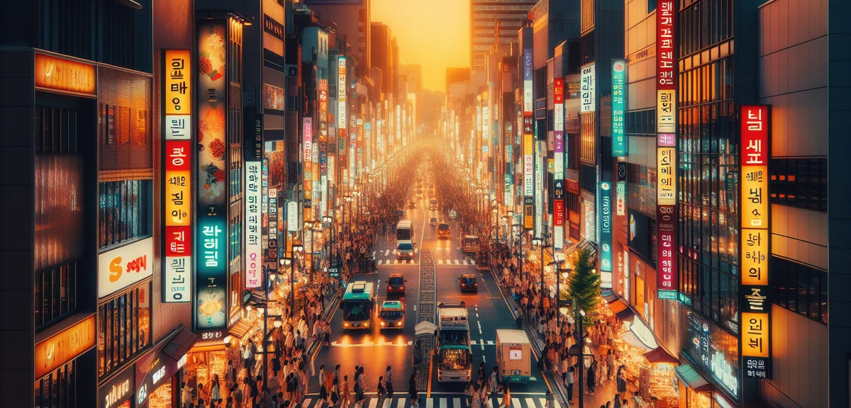 Vibrant Seoul Myeongdong shopping street at night with neon signs, crowds of tourists, Korean street