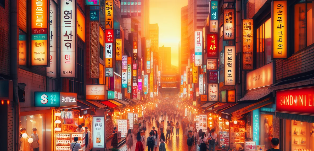 Vibrant Seoul Myeongdong shopping street at night with neon signs, crowds of tourists, Korean street