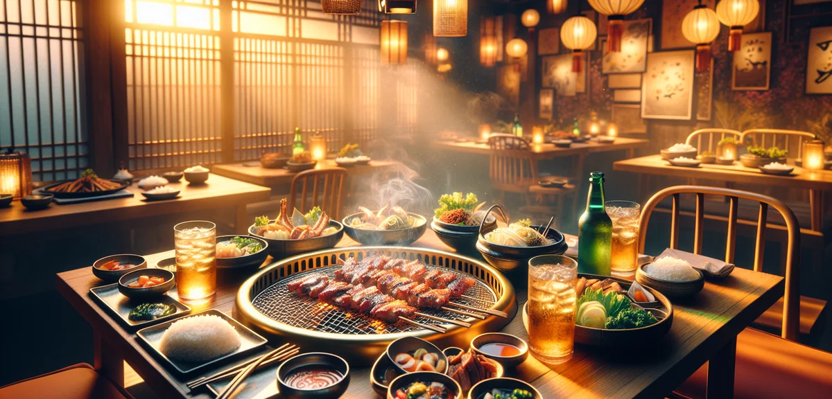 Delicious Korean BBQ samgyeopsal grilling on table with side dishes banchan, soju bottles, cozy Kore