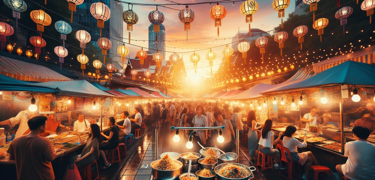 Vibrant Bangkok night market with street food stalls, pad thai cooking, colorful Thai lanterns, tour