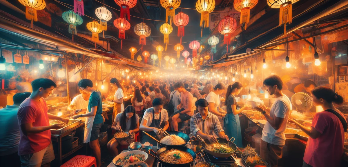 Vibrant Bangkok night market with street food stalls, pad thai cooking, colorful Thai lanterns, tour