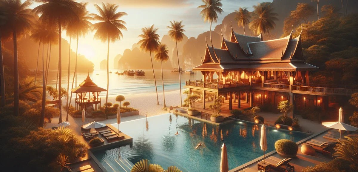 Luxurious Thai beach resort infinity pool overlooking Andaman sea at sunset, palm trees, traditional