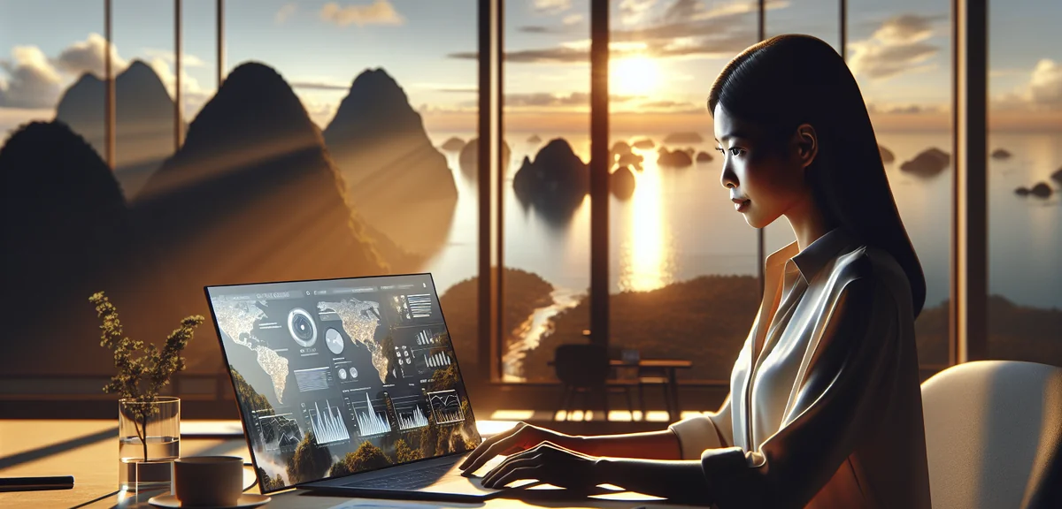Business professional comparing travel services on laptop screen showing charts and graphs, modern m