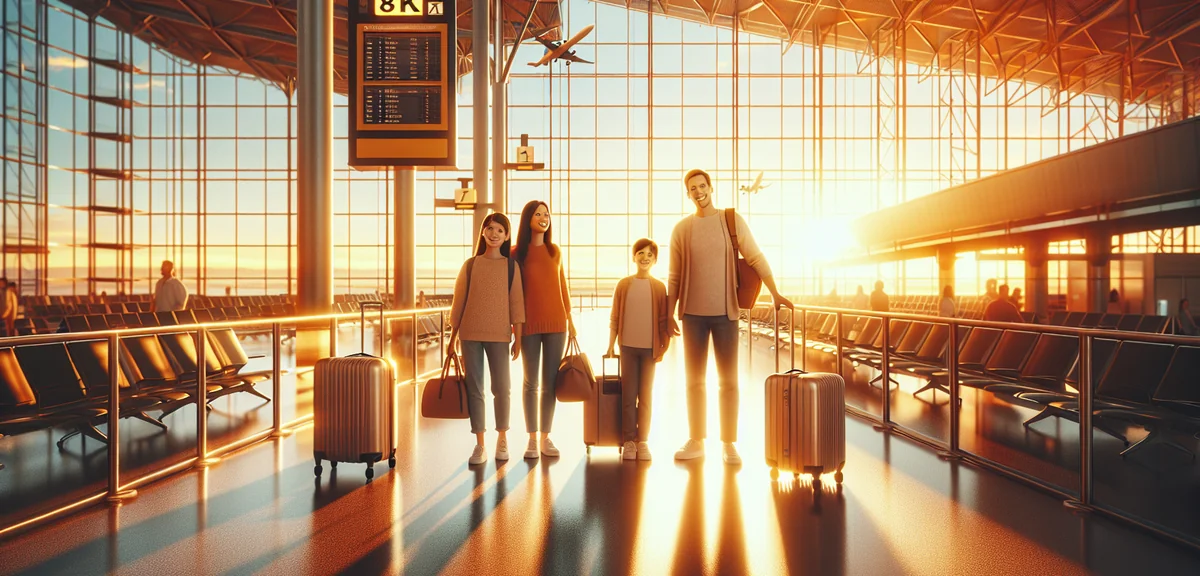 Family of four at airport departure gate with luggage, sunny modern terminal, warm golden hour light