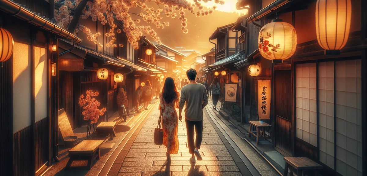 Couple walking on quiet traditional Japanese street with old wooden buildings and lanterns, soft aft