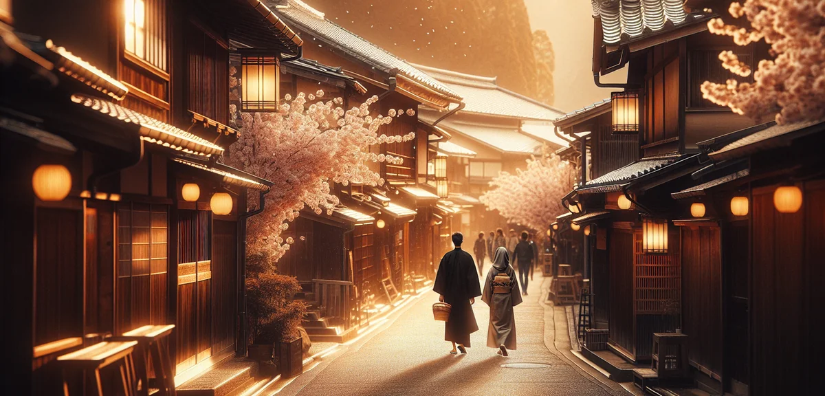 Couple walking on quiet traditional Japanese street with old wooden buildings and lanterns, soft aft