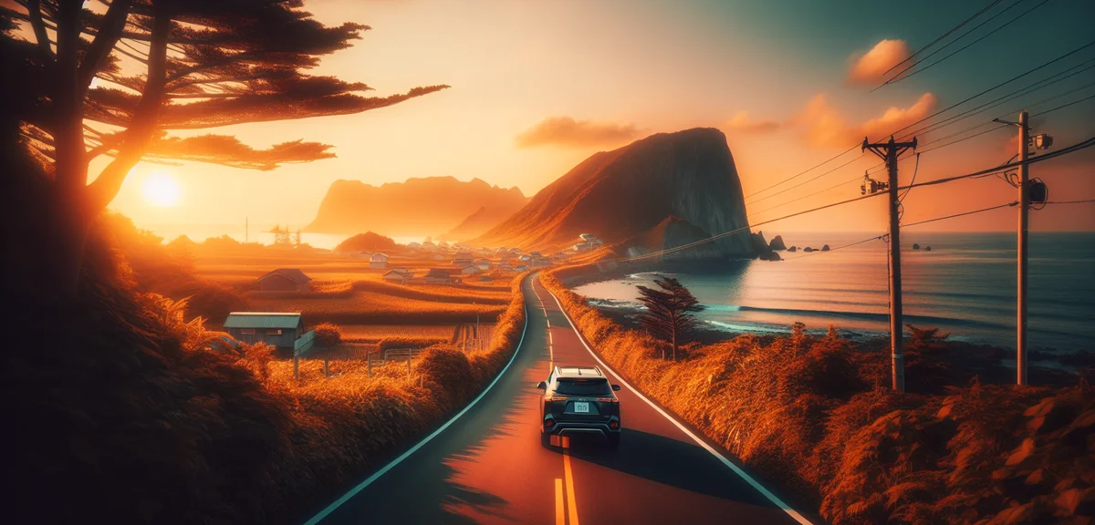 Scenic coastal road with car driving along beautiful ocean cliff view, clear blue sky, Japanese coun