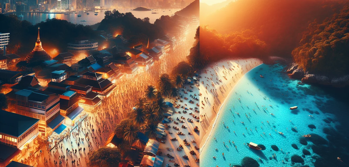 Crowded famous tourist spot versus empty beautiful hidden beach comparison, split screen concept, bl