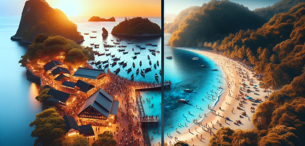 Crowded famous tourist spot versus empty beautiful hidden beach comparison, split screen concept, bl