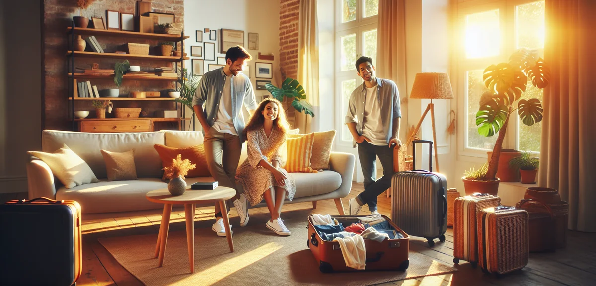 Happy family packing suitcases for vacation, bright sunny living room, excitement and anticipation m
