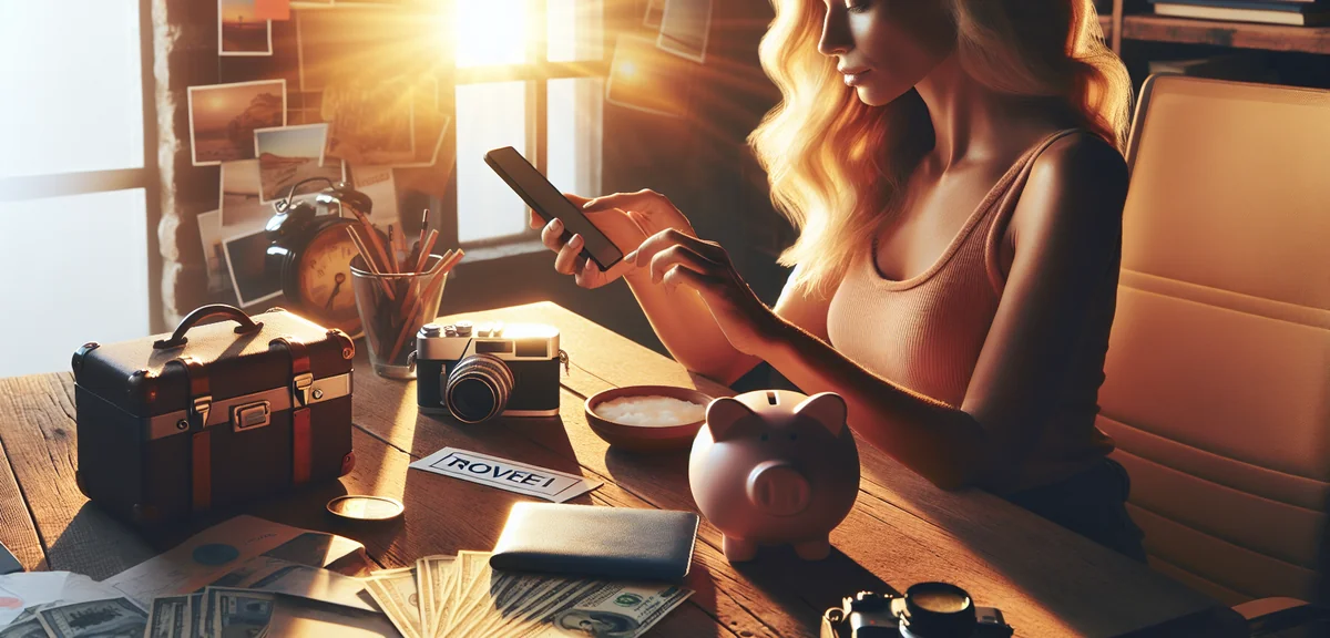 Person calculating savings on smartphone with piggy bank and travel items passport camera on wooden