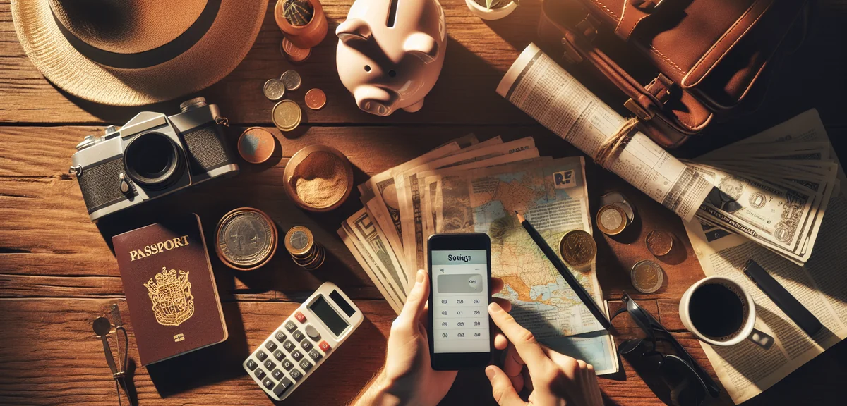 Person calculating savings on smartphone with piggy bank and travel items passport camera on wooden 