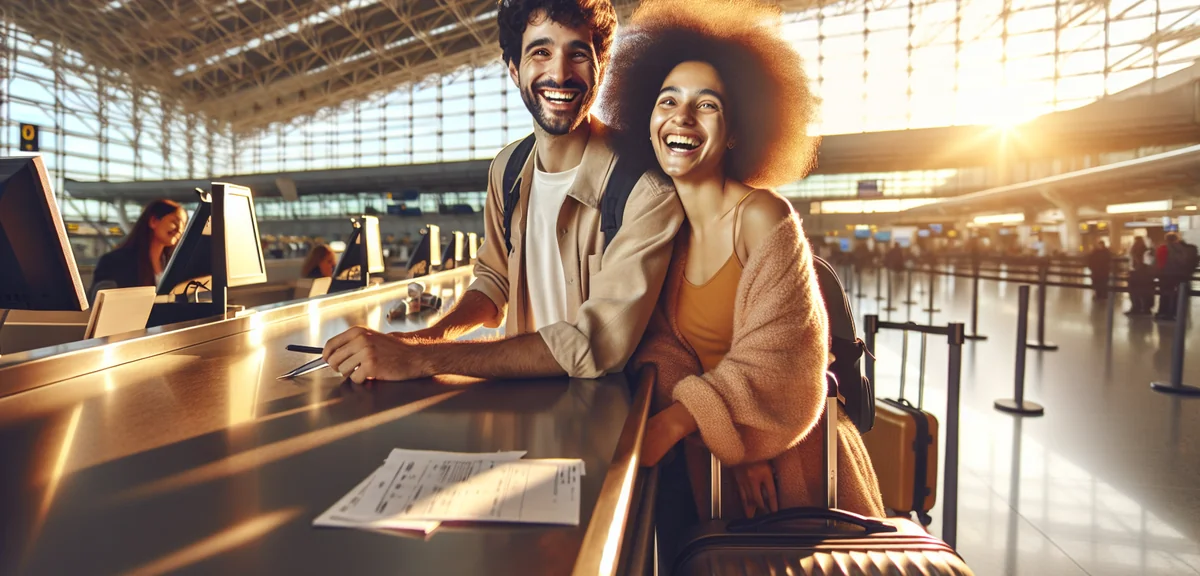 Happy couple at airport check-in counter with luggage, bright modern terminal, professional travel p
