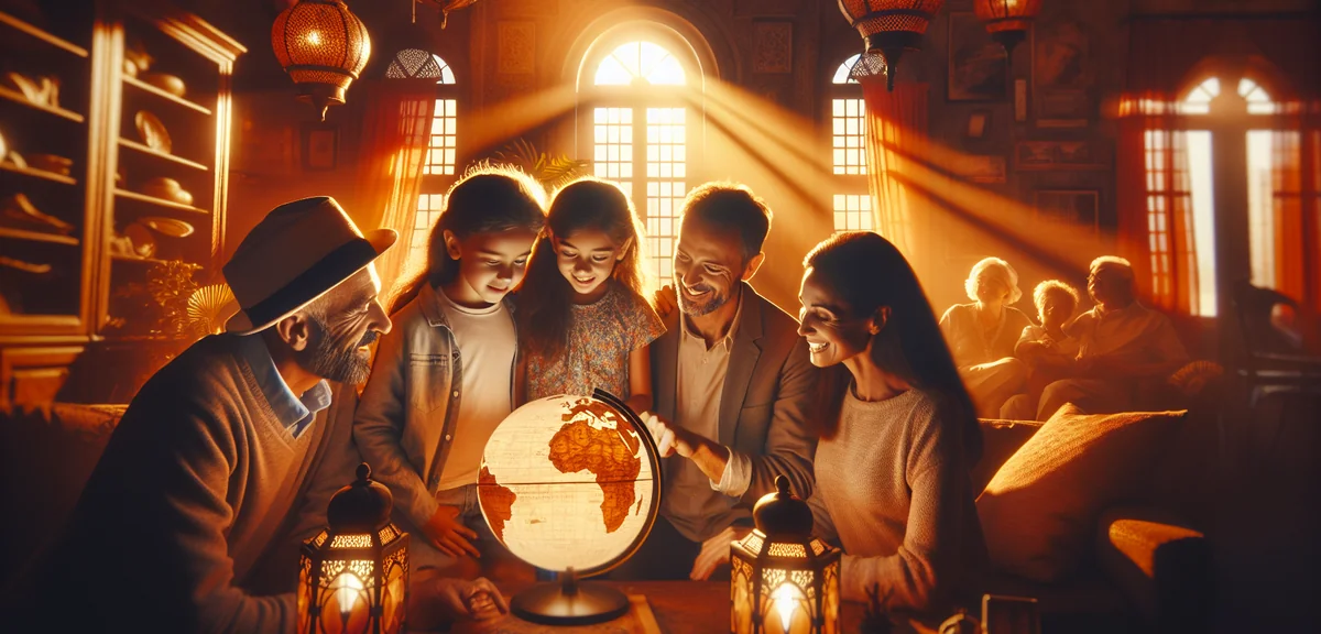 Family with children looking at globe planning vacation together, warm living room, golden hour ligh