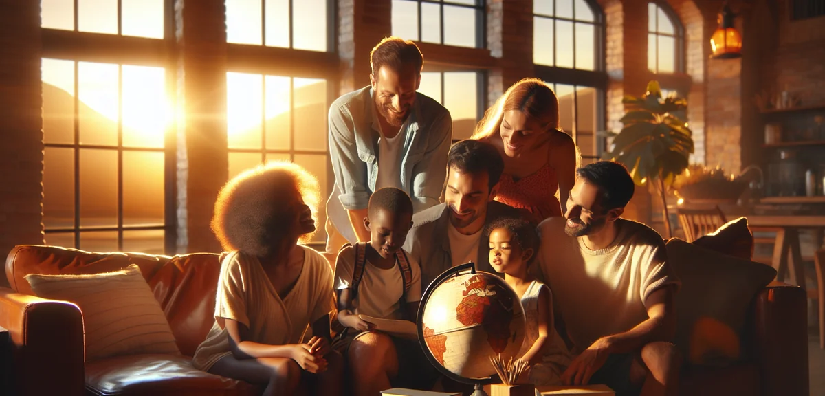 Family with children looking at globe planning vacation together, warm living room, golden hour ligh