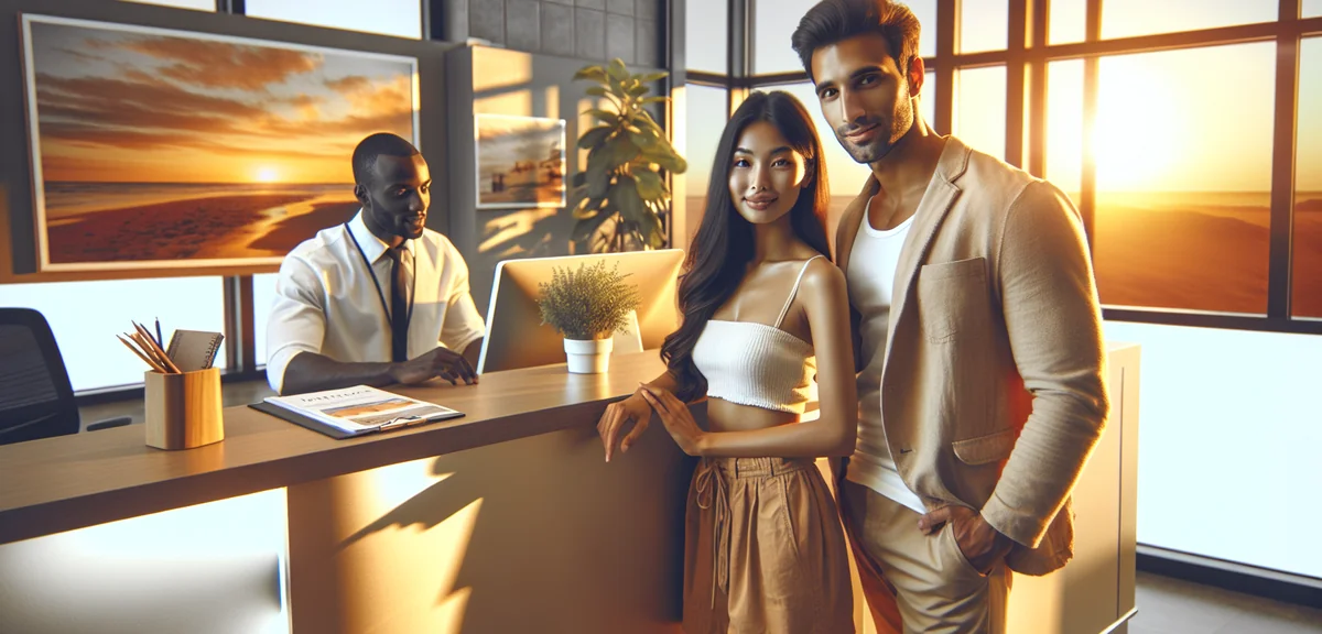 Couple at travel agency counter receiving consultation, bright modern office, professional service a