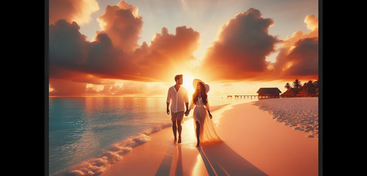 Newlywed couple walking hand in hand on pristine white sand beach with crystal clear water, tropical