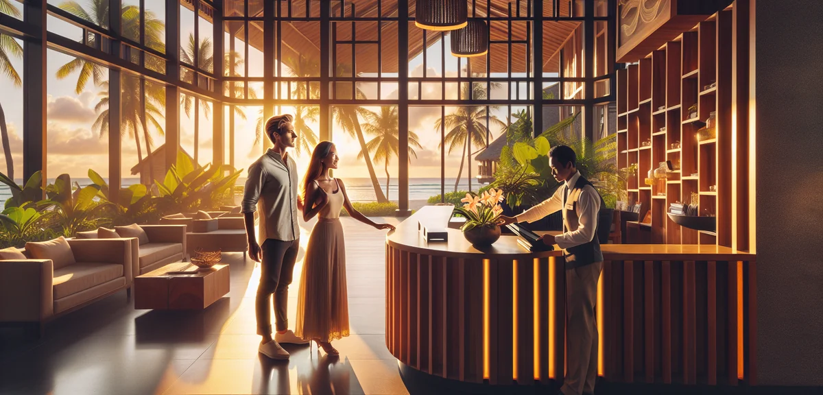Elegant couple at luxury resort reception checking in, modern tropical lobby with ocean view, honeym