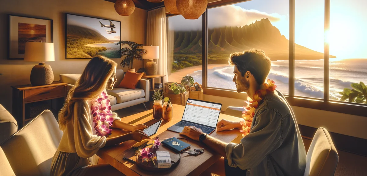 Young couple planning Hawaii trip with laptop showing flight booking, passport and Hawaiian flower l