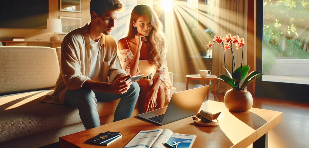 Young couple planning Hawaii trip with laptop showing flight booking, passport and Hawaiian flower l