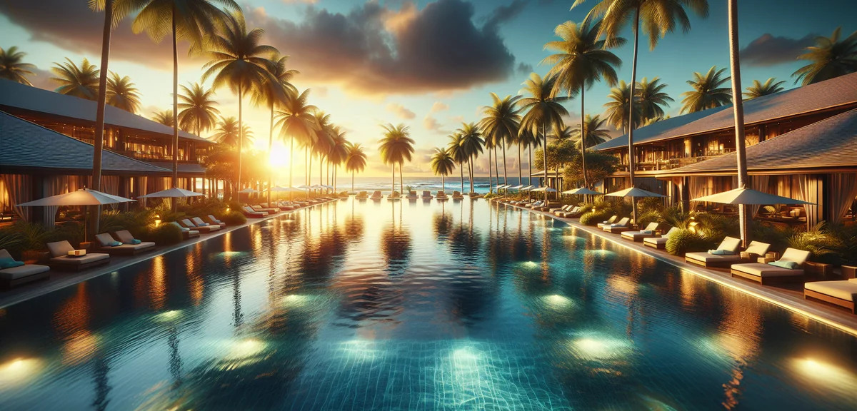 Luxury oceanfront resort infinity pool in Hawaii overlooking Pacific Ocean, tropical palm trees, cle