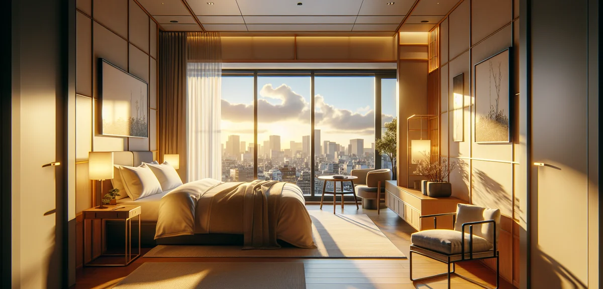 Stylish compact hotel room in Tokyo with large window showing city view, modern minimalist Japanese 