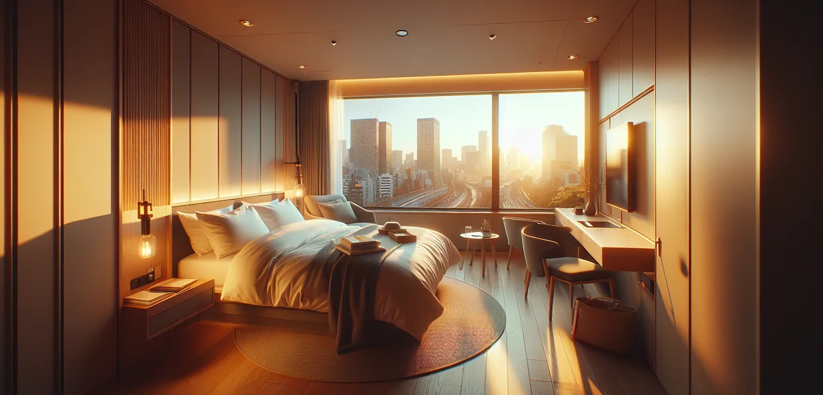 Stylish compact hotel room in Tokyo with large window showing city view, modern minimalist Japanese