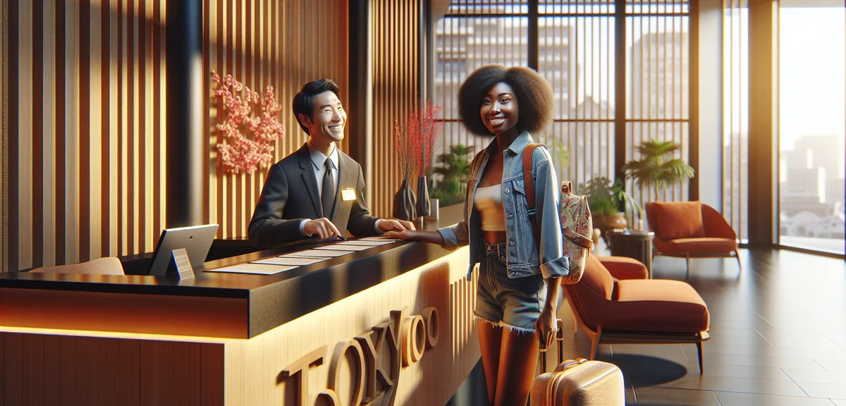 Happy traveler checking in at modern Tokyo hotel front desk, friendly staff, bright lobby with Japan