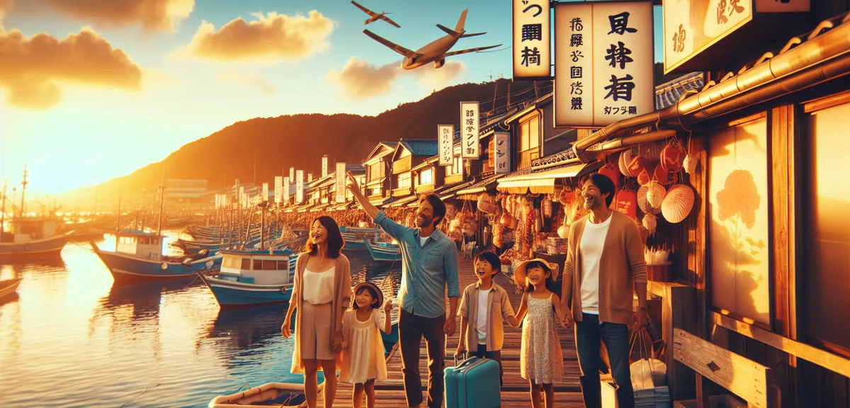 Happy family enjoying day trip at Japanese seaside town, blue sky, fishing boats in harbor, fresh se