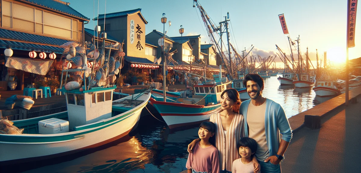 Happy family enjoying day trip at Japanese seaside town, blue sky, fishing boats in harbor, fresh se