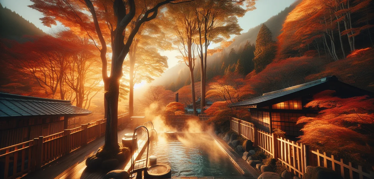 Beautiful Japanese hot spring outdoor bath surrounded by autumn trees, steam rising, wooden fence, m