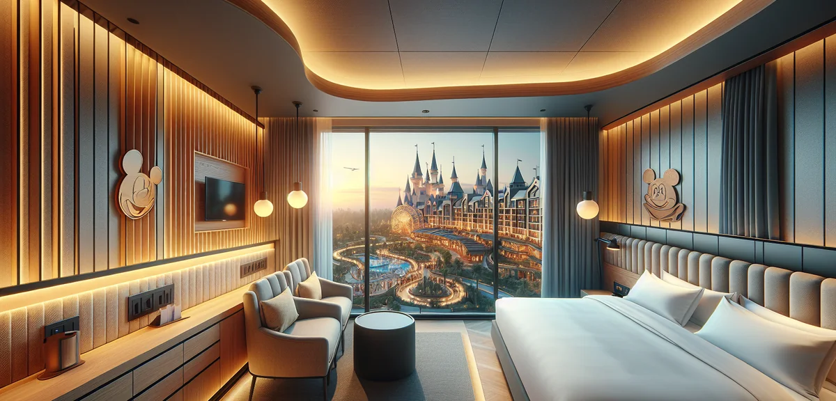Modern comfortable hotel room with theme park view, family friendly amenities, warm evening lighting