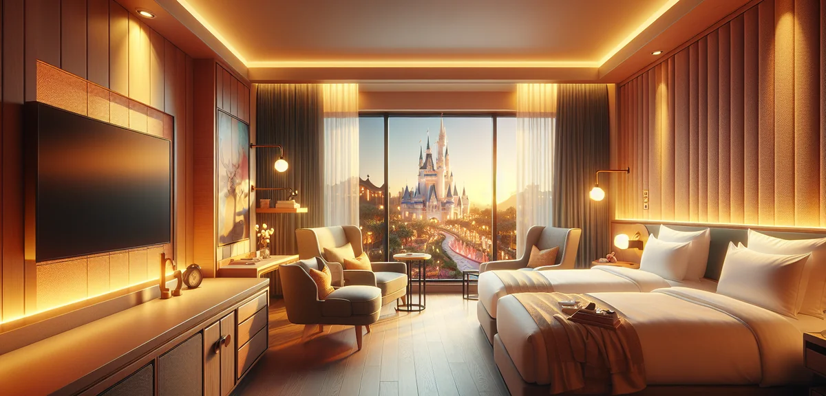 Modern comfortable hotel room with theme park view, family friendly amenities, warm evening lighting
