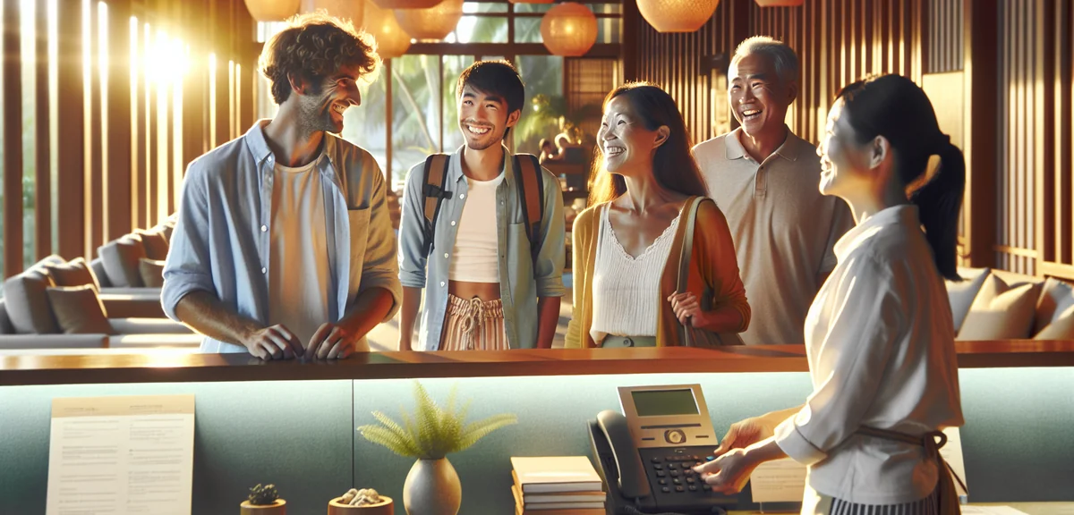 Happy family checking into hotel lobby with luggage after theme park visit, friendly staff, bright m