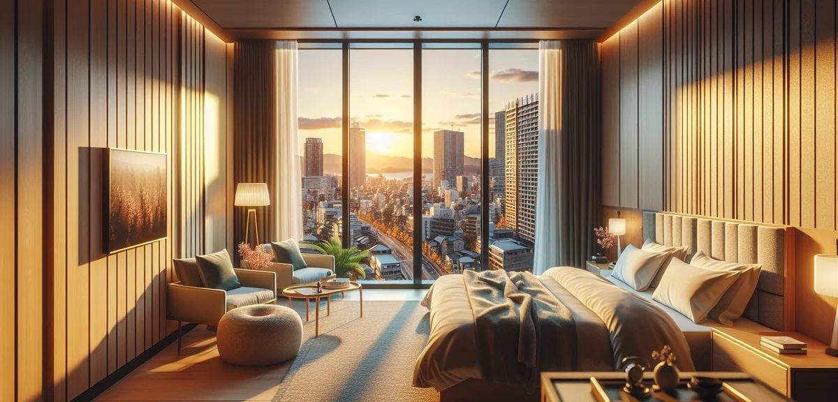 Comfortable modern hotel room in Fukuoka with city view, warm lighting, clean Japanese business hote