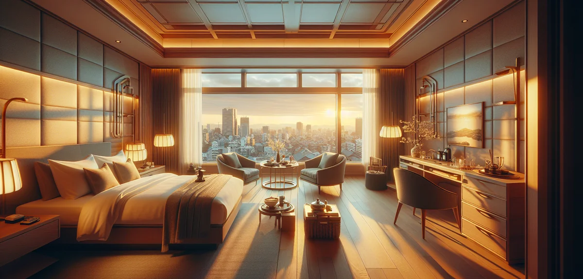 Comfortable modern hotel room in Fukuoka with city view, warm lighting, clean Japanese business hote