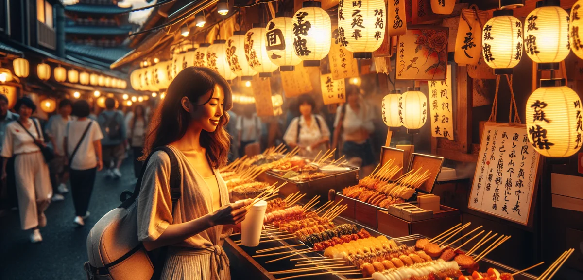 Traveler enjoying Fukuoka street food at yatai food stall at night, warm lantern lighting, authentic