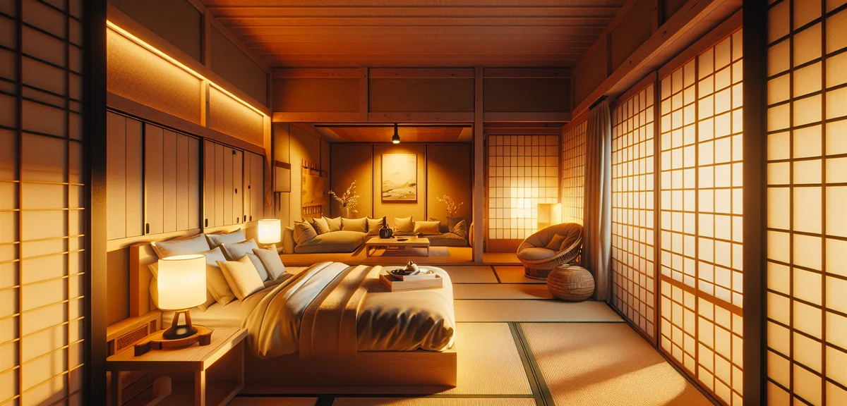 Modern comfortable hotel room in Kyoto with traditional Japanese design elements, tatami corner, war