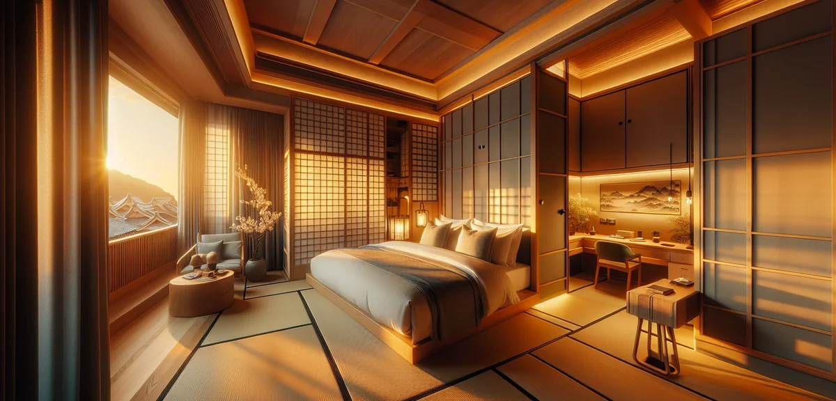 Modern comfortable hotel room in Kyoto with traditional Japanese design elements, tatami corner, war