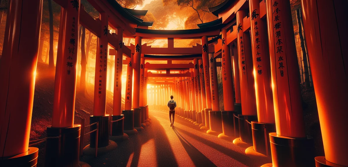Traveler walking through Fushimi Inari shrine torii gates at sunrise, peaceful morning atmosphere, b