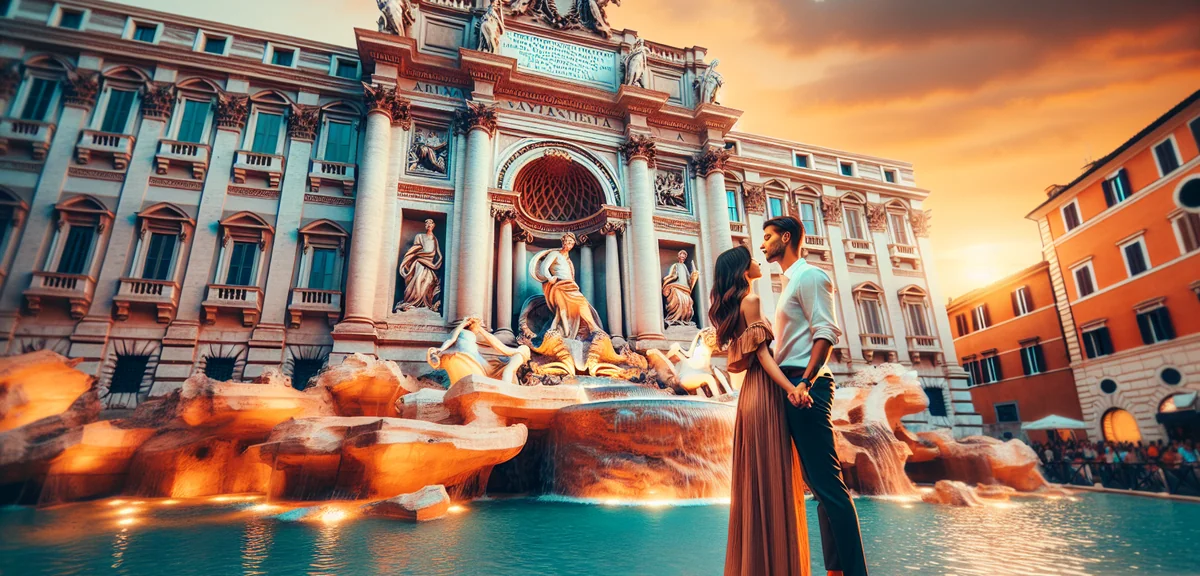 Romantic couple at Trevi Fountain in Rome, beautiful baroque architecture, evening blue hour lightin